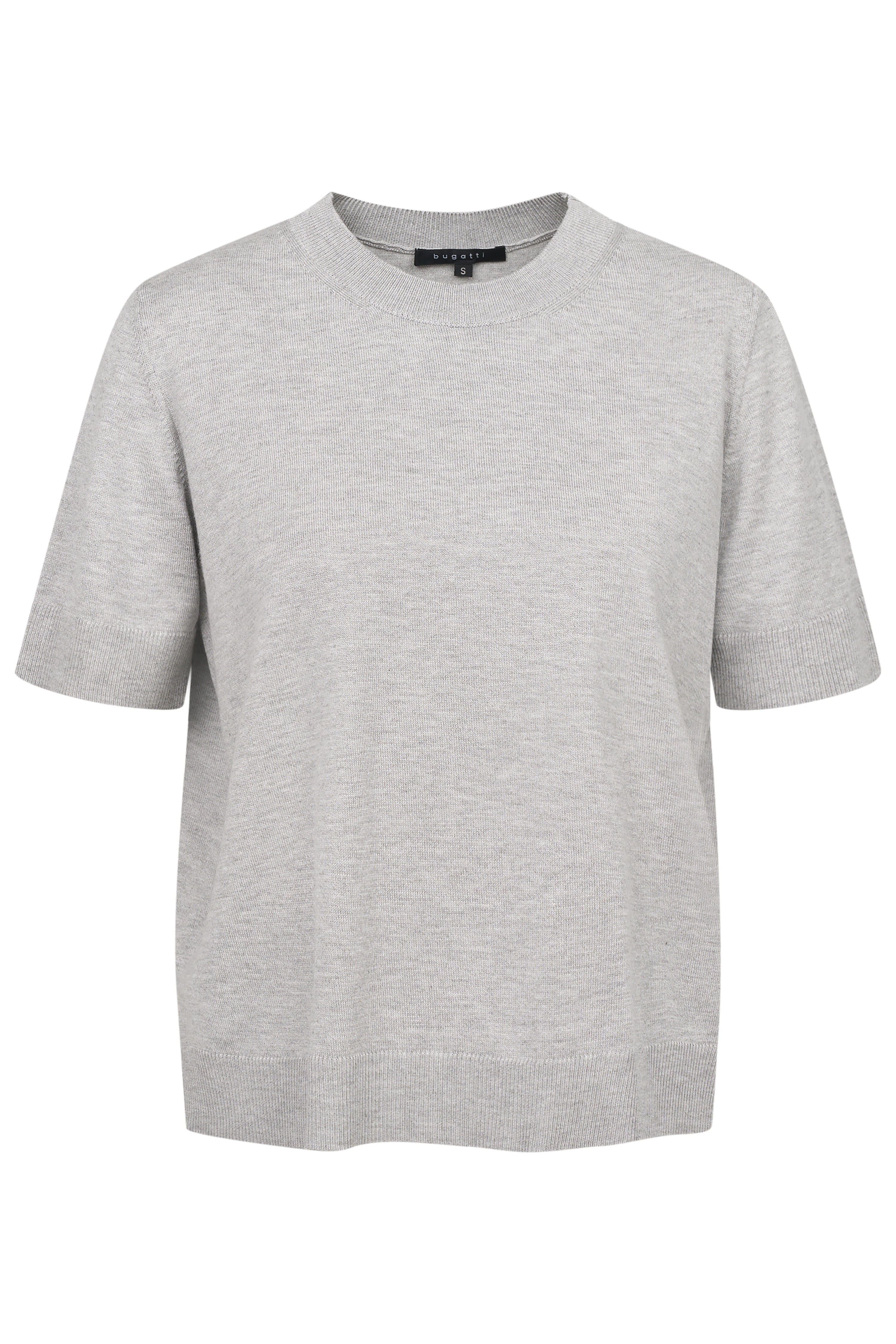Graues bugatti T-Shirt aus hochwertigem Material, legerer Schnitt, Büstenbildansicht.
