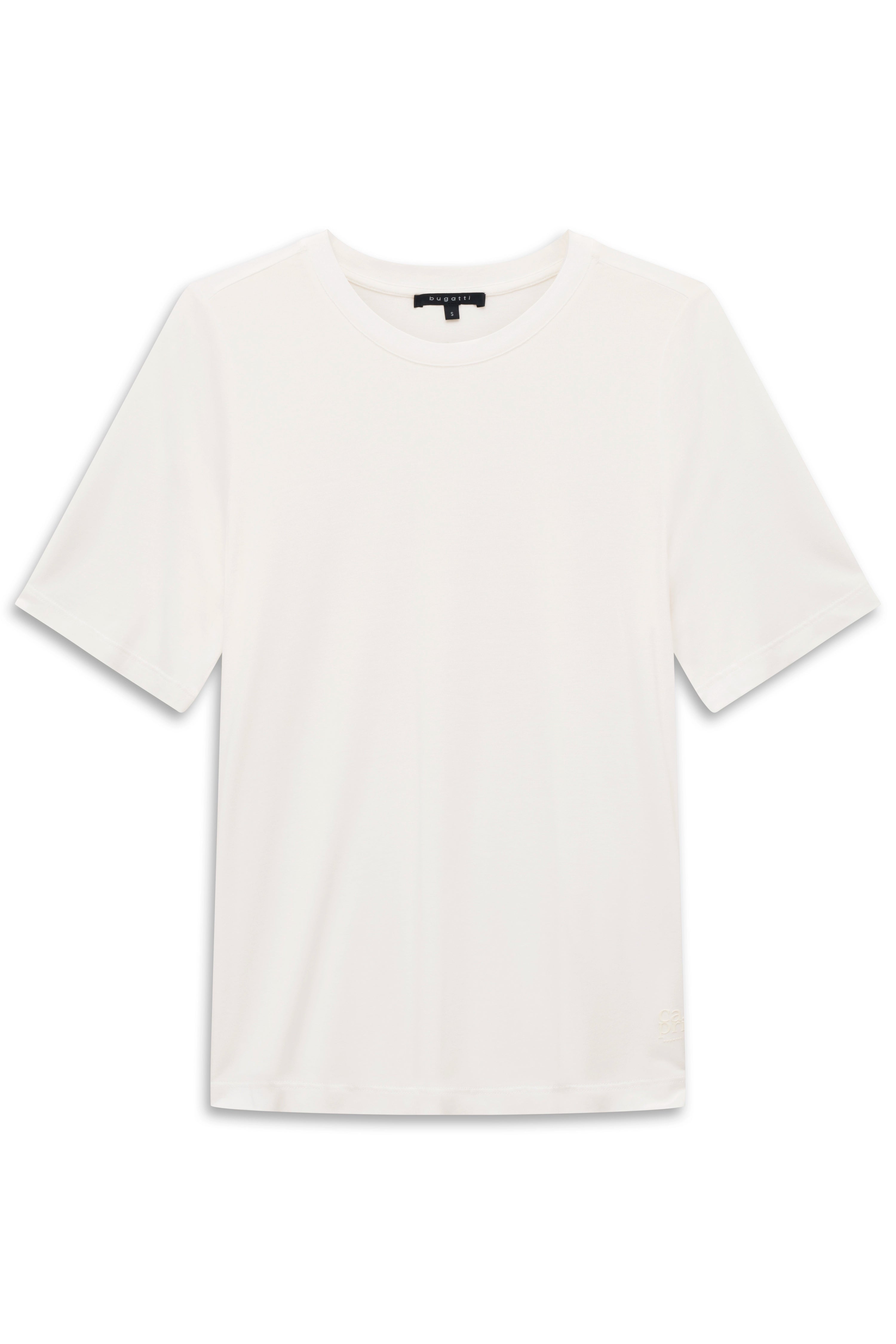 Weißes bugatti T-Shirt, schlichtes Design, Büstenbild.