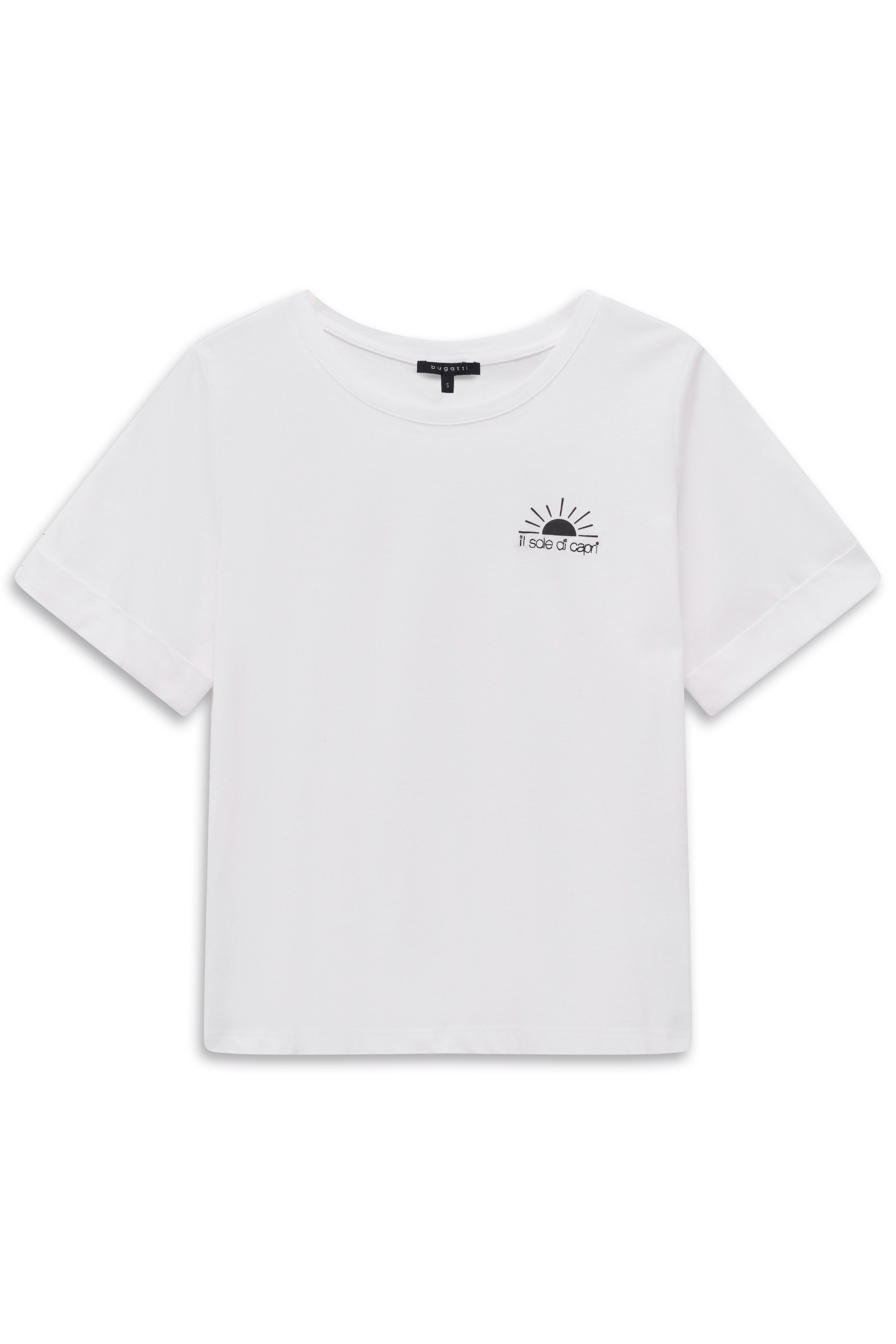 Weißes "bugatti" T-Shirt mit Capri-Print, legeres Büstenbild.