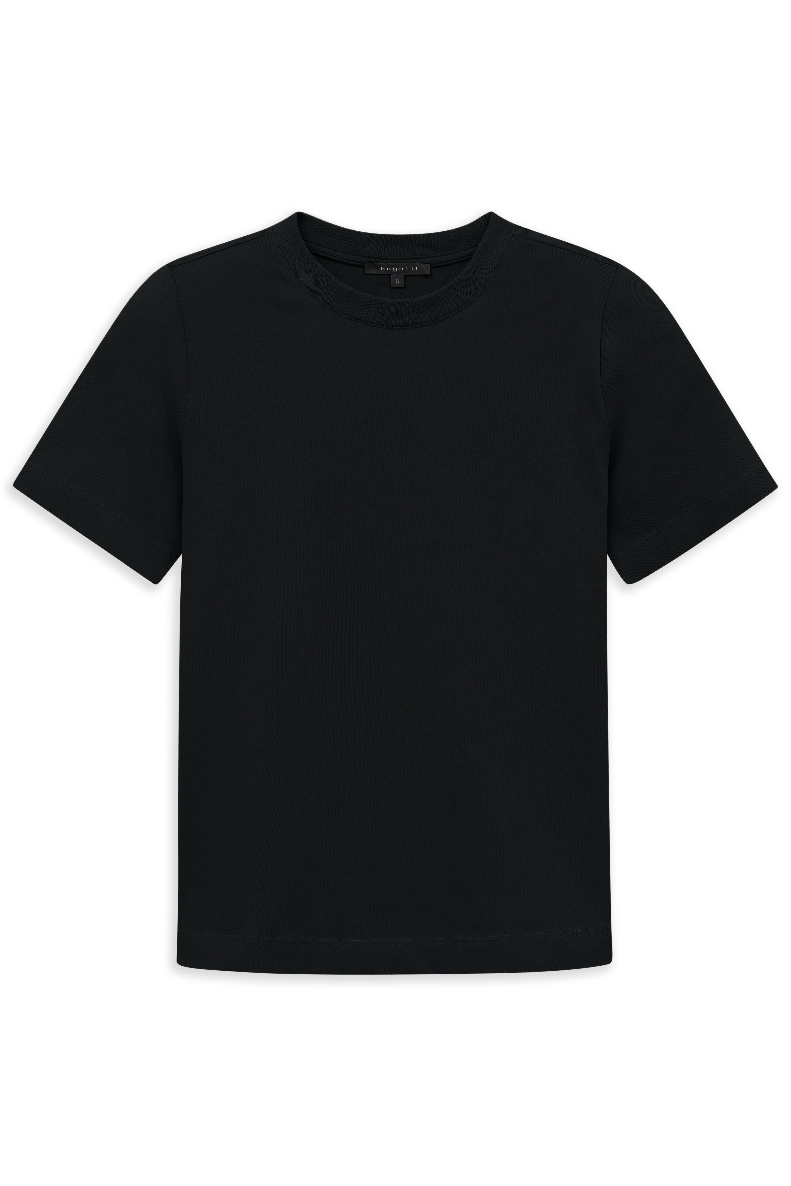 Schwarzes bugatti T-Shirt, schlichtes Design, Büstenbild.