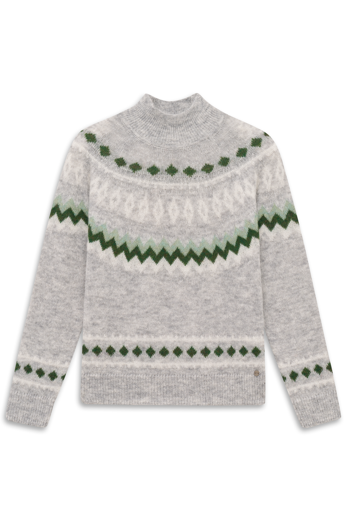 Grauer bugatti Pullover mit grünem Zickzackmuster, Büstenbild, stilvoll und gemütlich.