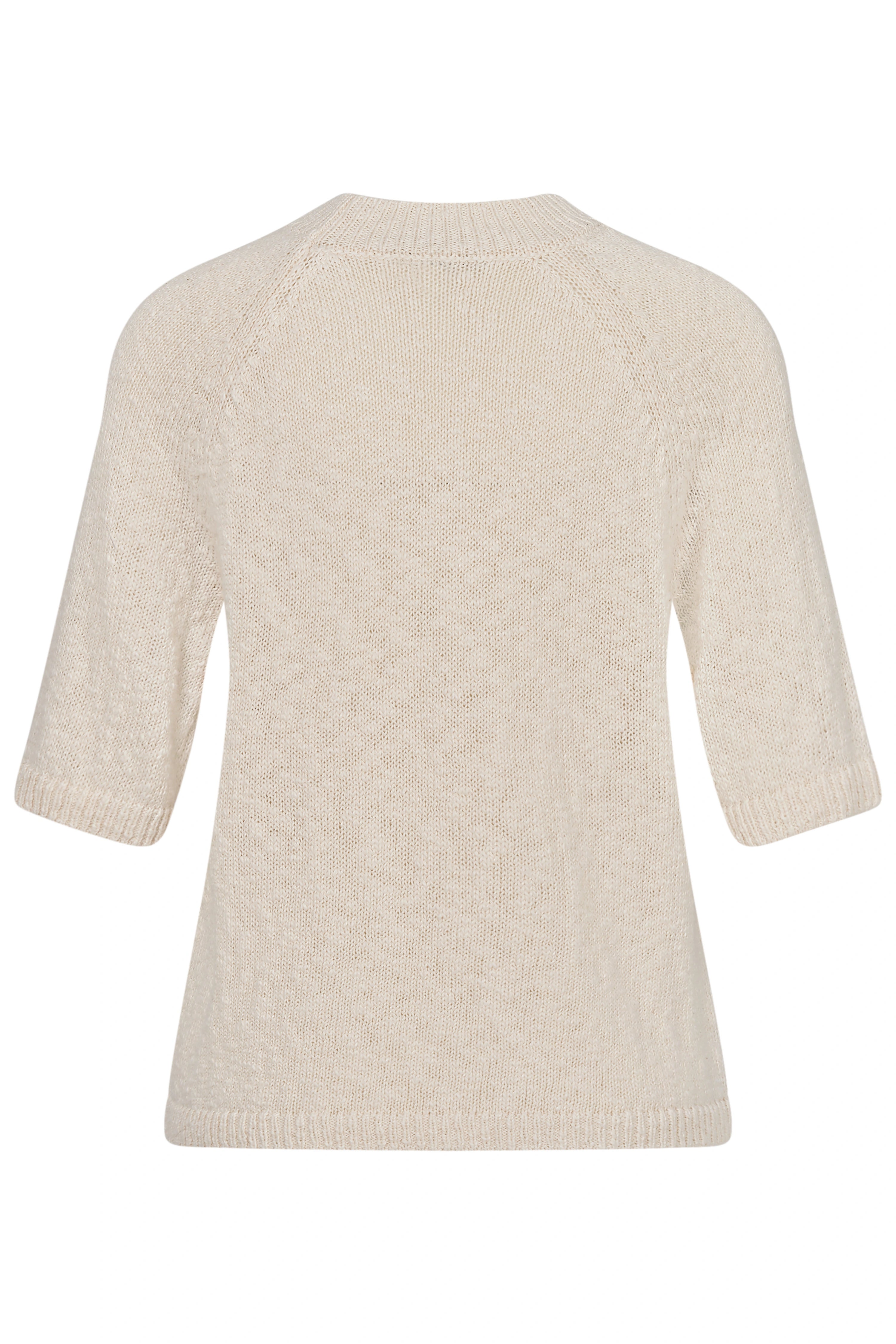 Beiger Strickpullover von bugatti in Legeraufnahme, kurze Ärmel, schlichtes Design.