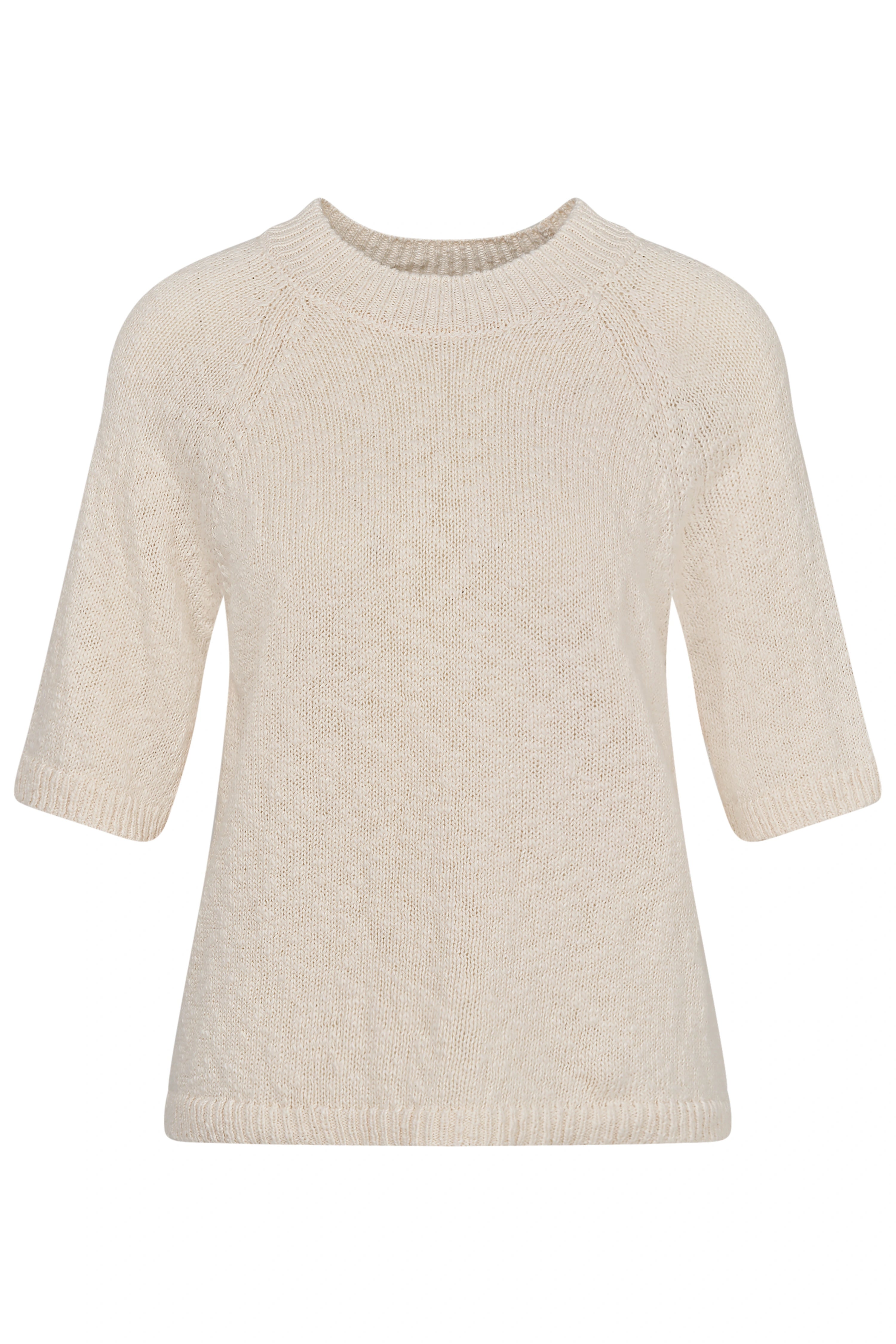 Beiger Strickpullover mit Halbarm, klassisches Design, Büstenbild.