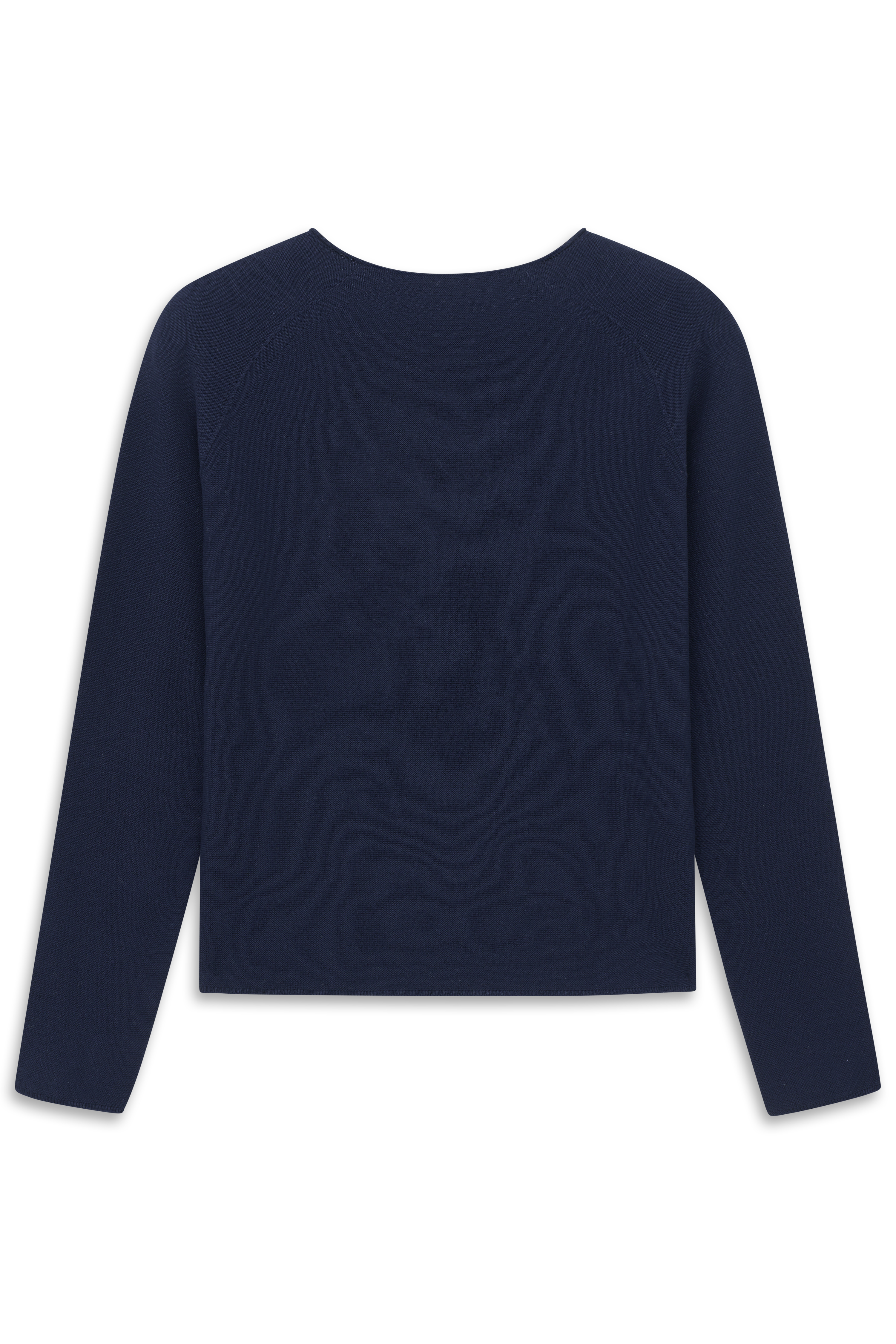 Dunkelblauer bugatti Pullover, Büstenbild, schlichtes Design, lange Ärmel.