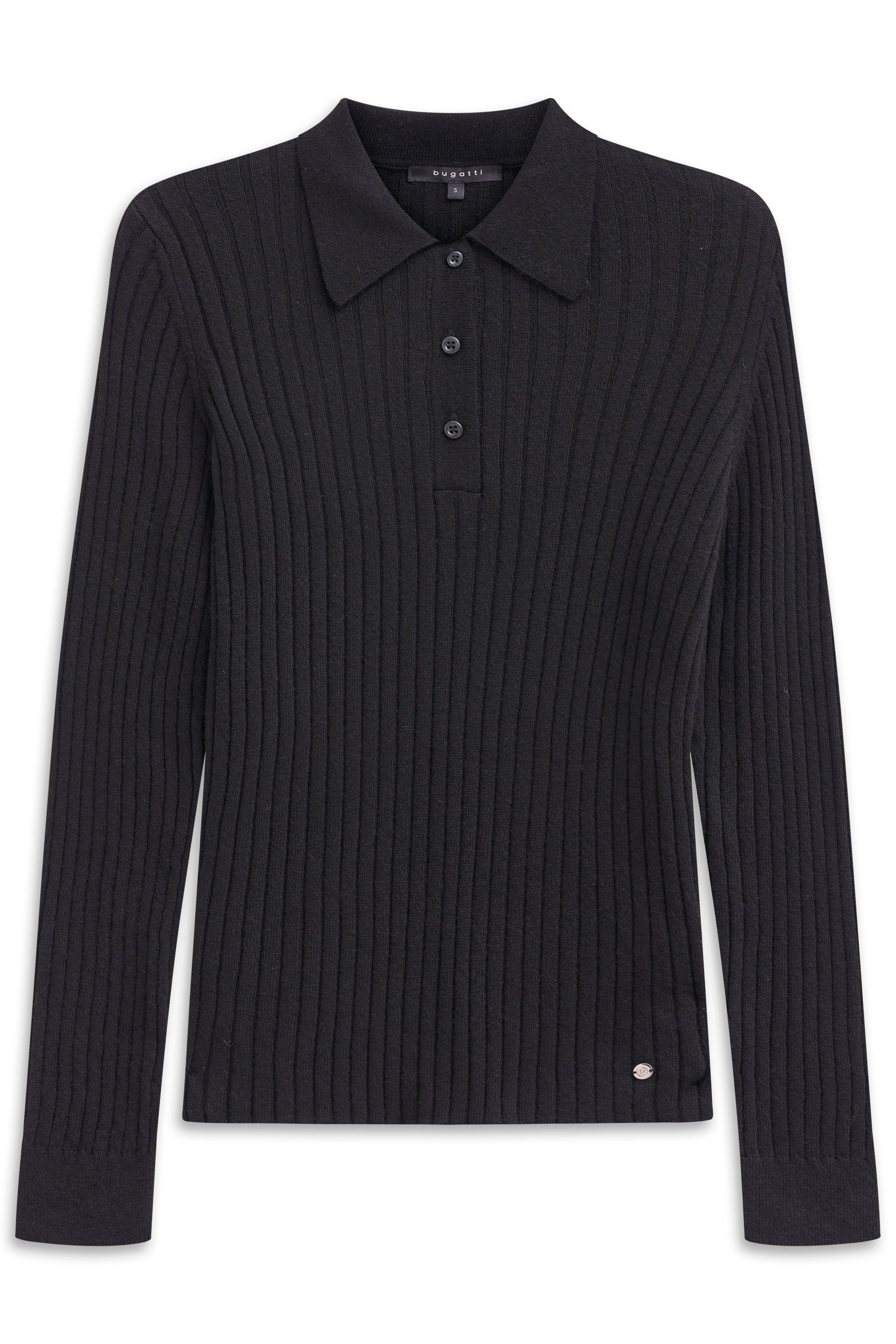 Schwarzer bugatti Strickpullover, Rippenmuster, Büstenbild.