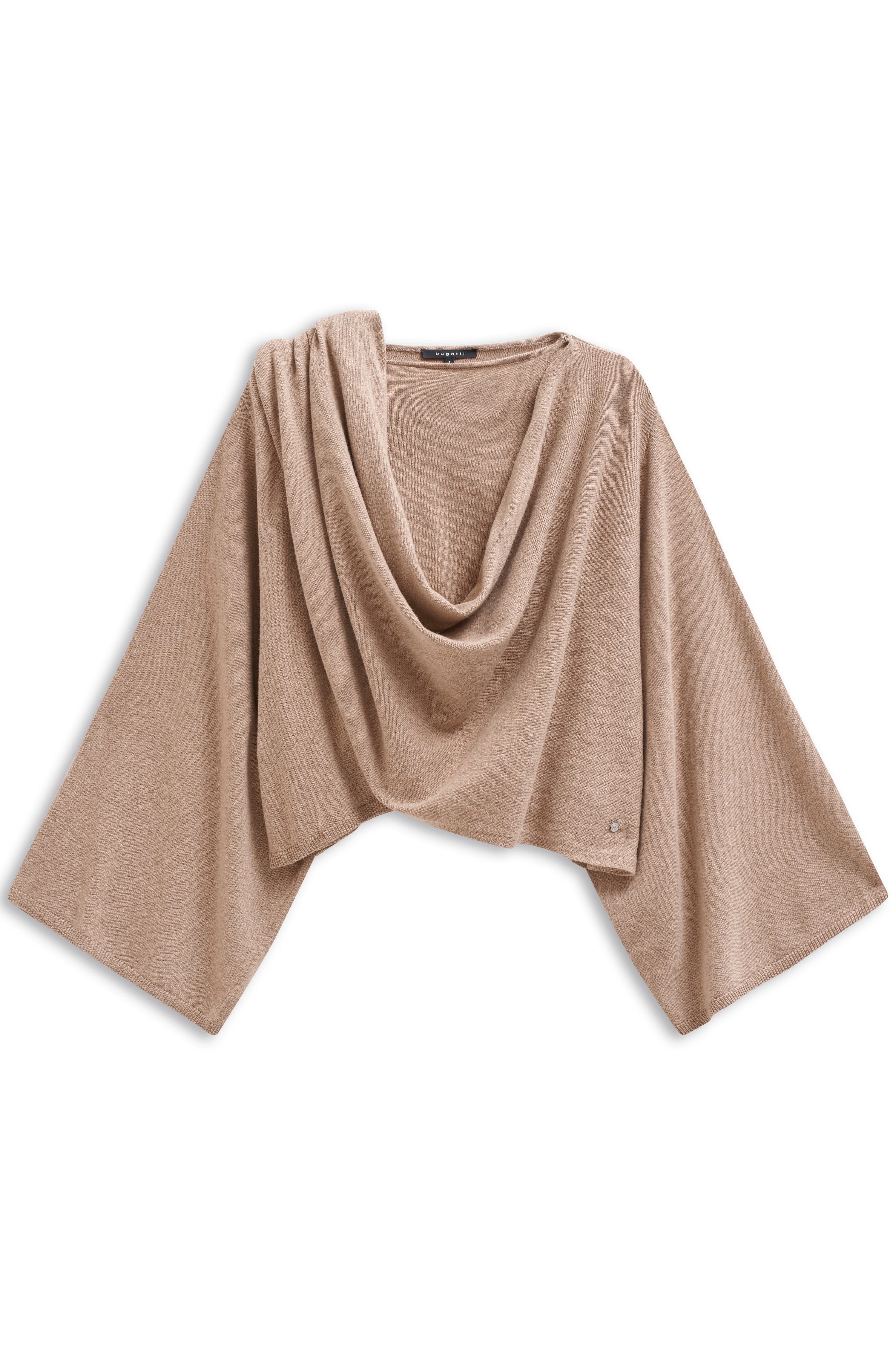 Beige bugatti Cape, leger präsentiert, mit weitem Kragen und eleganten Falten, aus weichem Material.