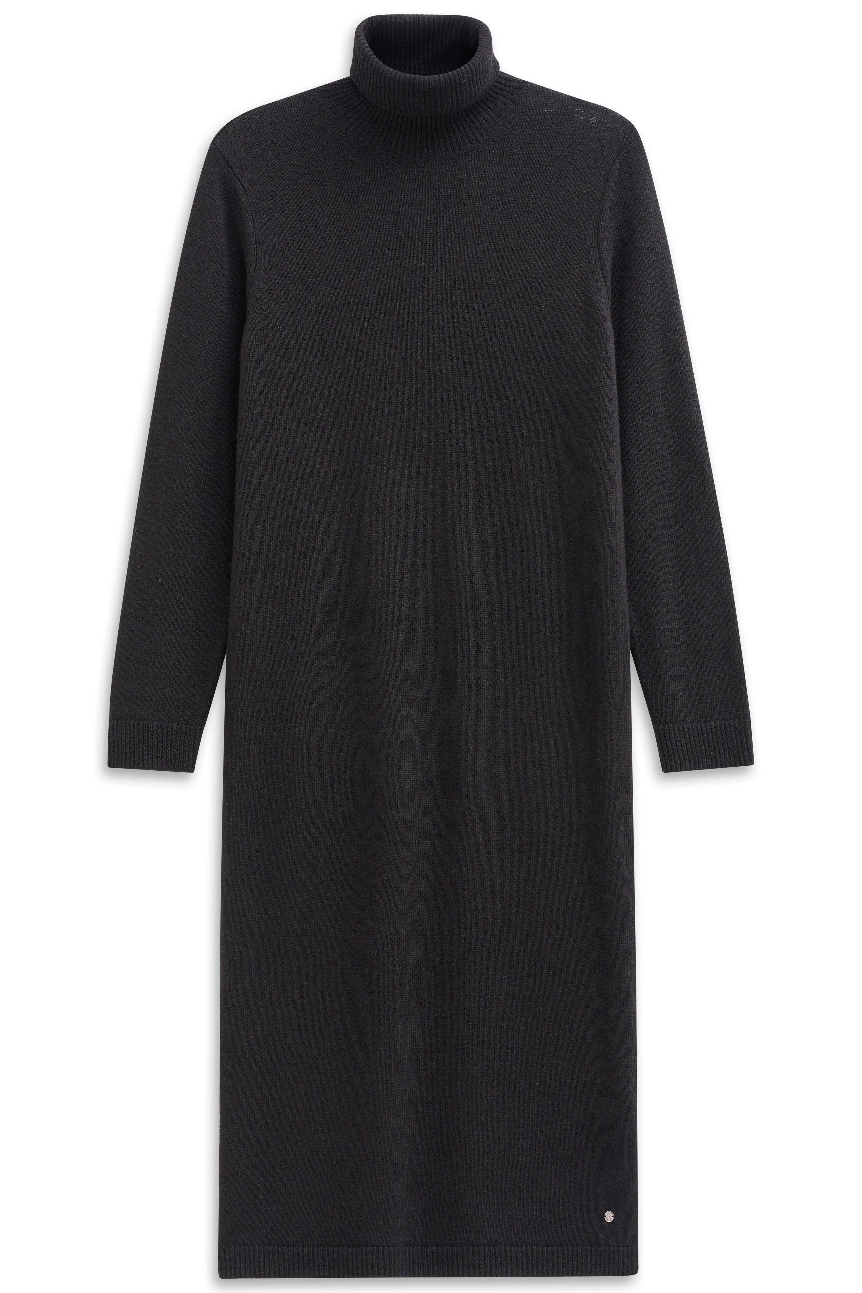 Black bugatti knit dress, turtleneck, long sleeves, casual, simple design.