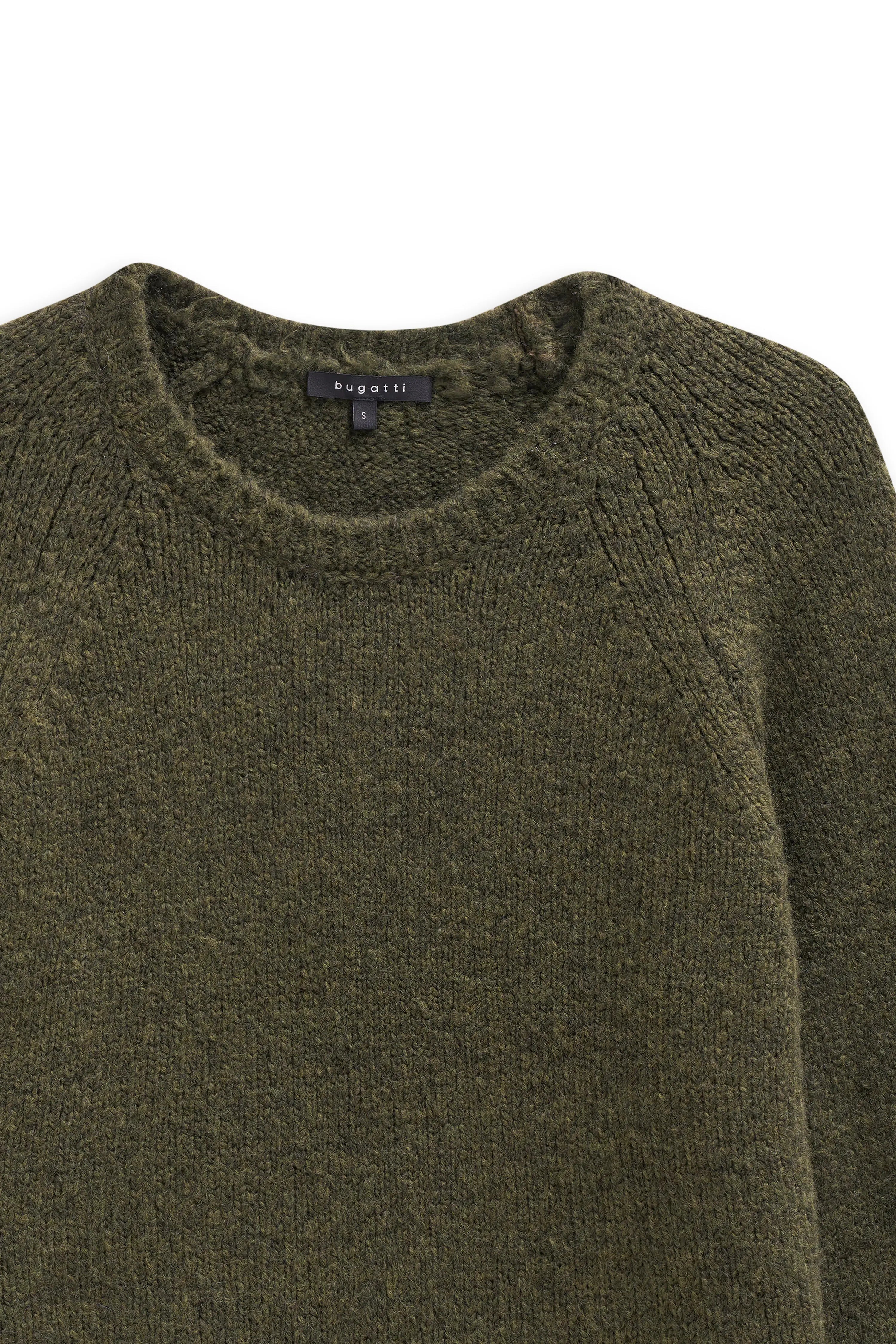 Grüner bugatti Strickpullover, Detailansicht, hochwertige Materialien und zeitloses Design.