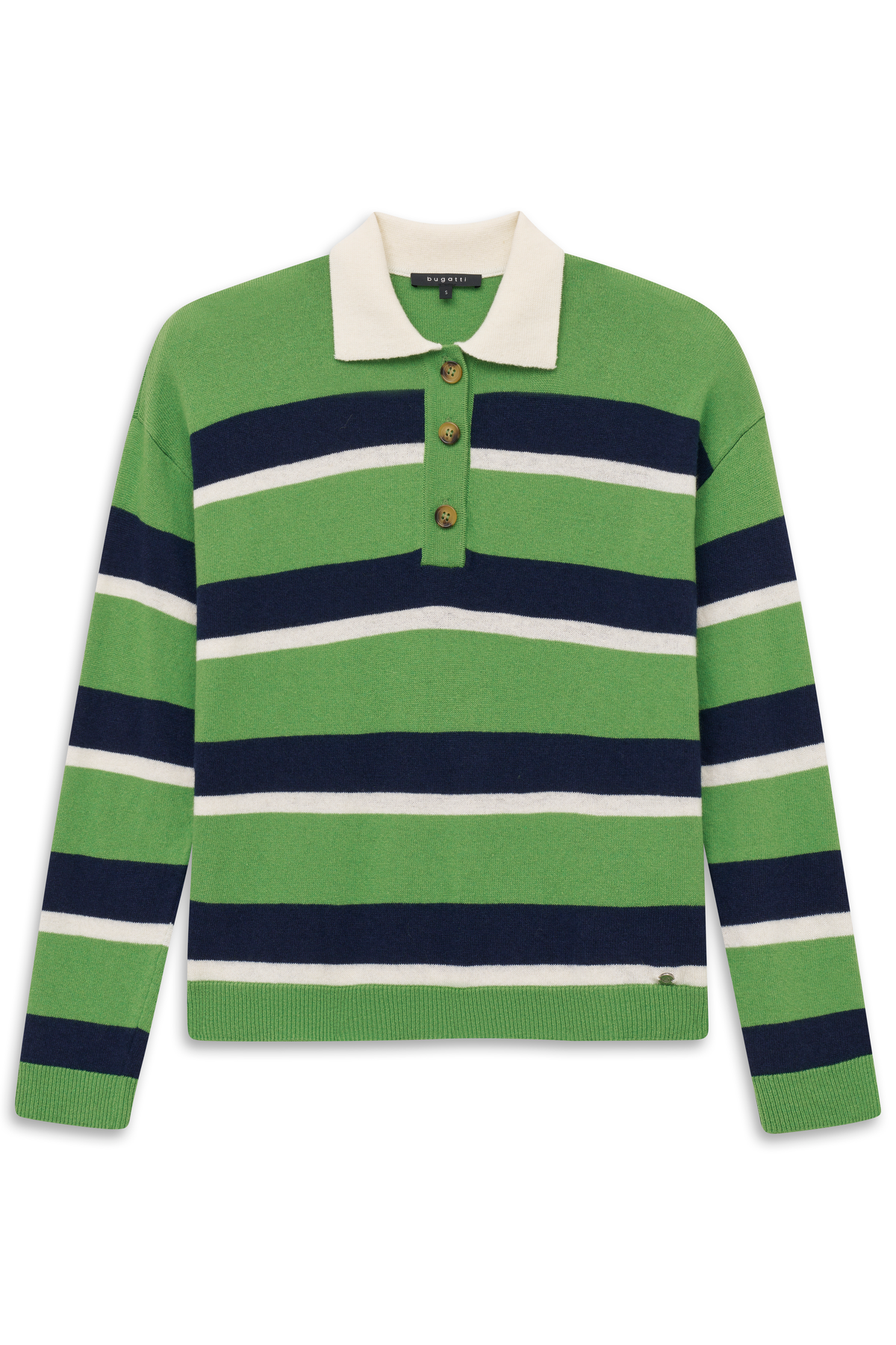 Grün-blau gestreifter bugatti Pullover mit Polokragen und Knopfleiste, Büstenbild.