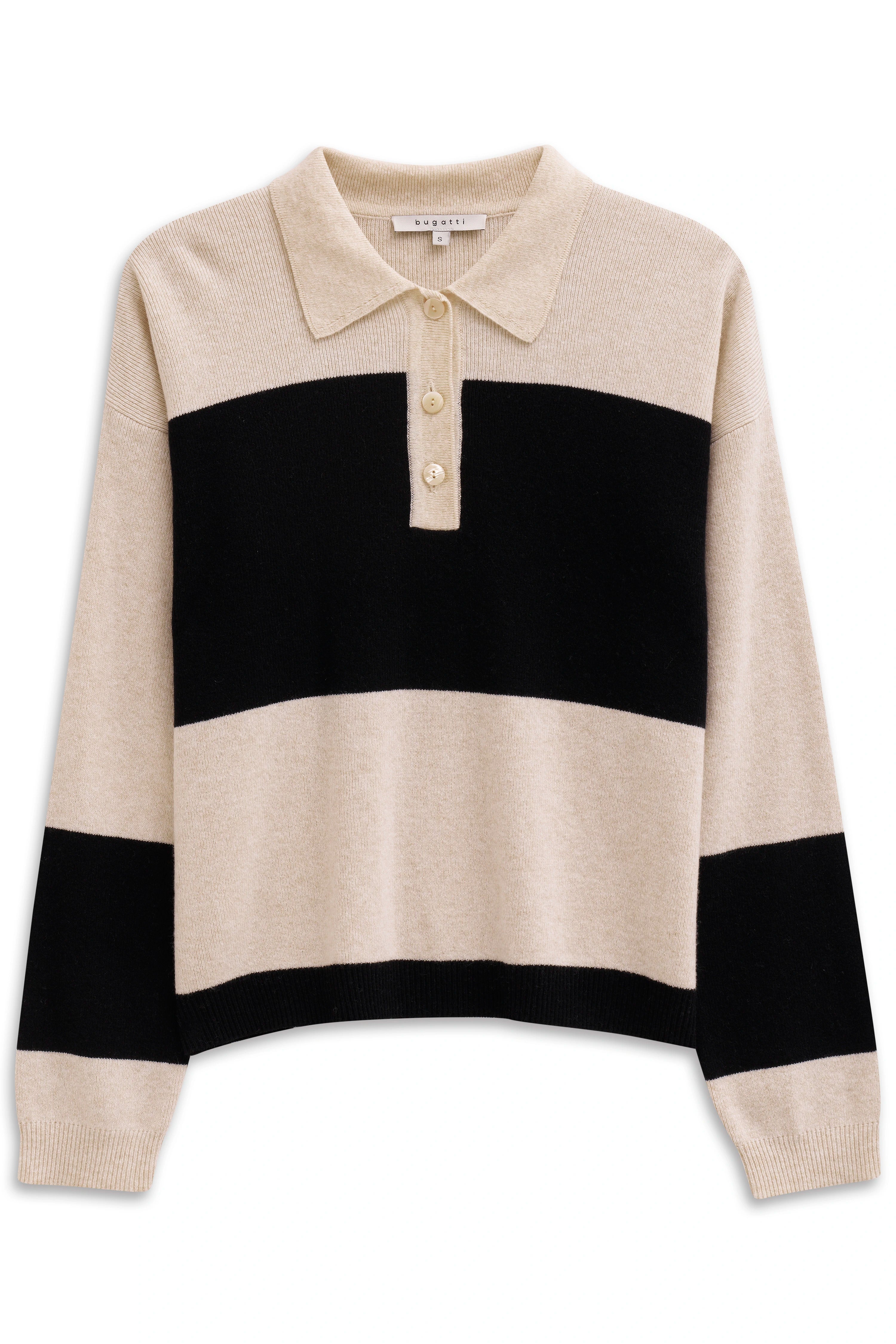 bugatti Pullover, beige-schwarz, gestreift, Büstenbild, klassischer Kragen, Knopfleiste, zeitloser Stil.