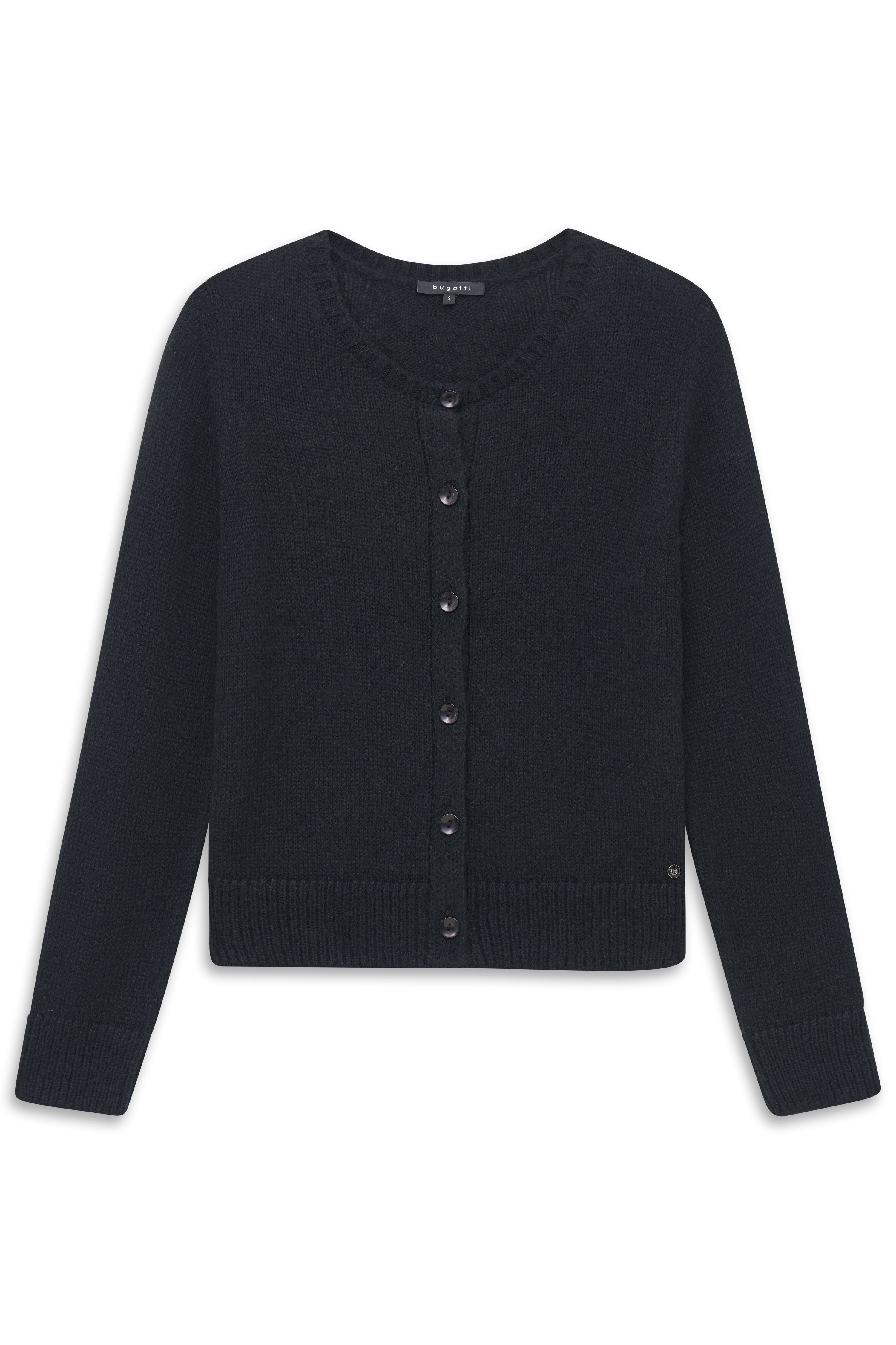Schwarze Strickjacke von bugatti, frontal abgebildet, mit Knopfleiste und Rundhalsausschnitt.