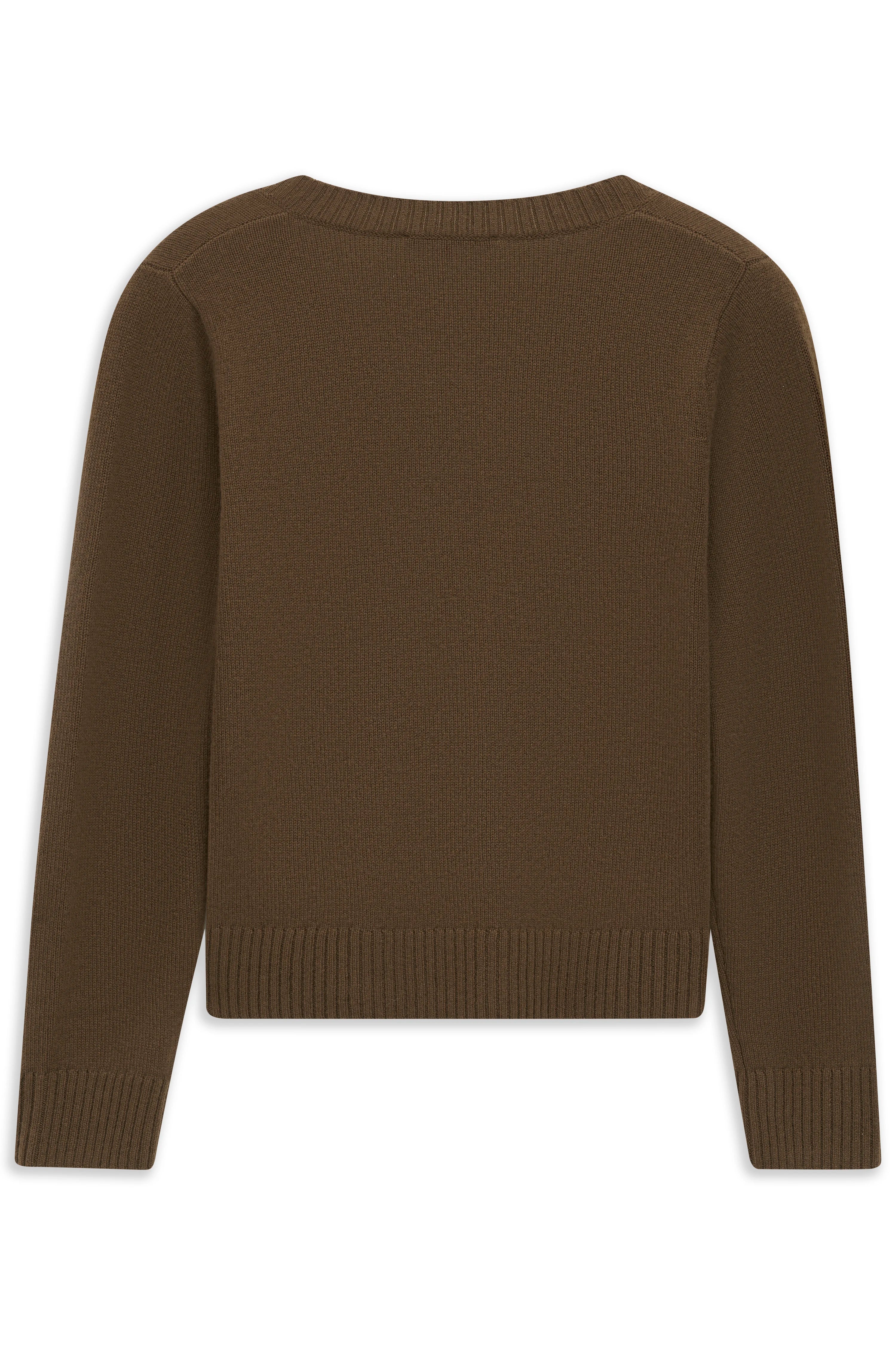 Brauner bugatti Pullover, Rückansicht, Büstenbild, schlichtes Design, hochwertige Verarbeitung.