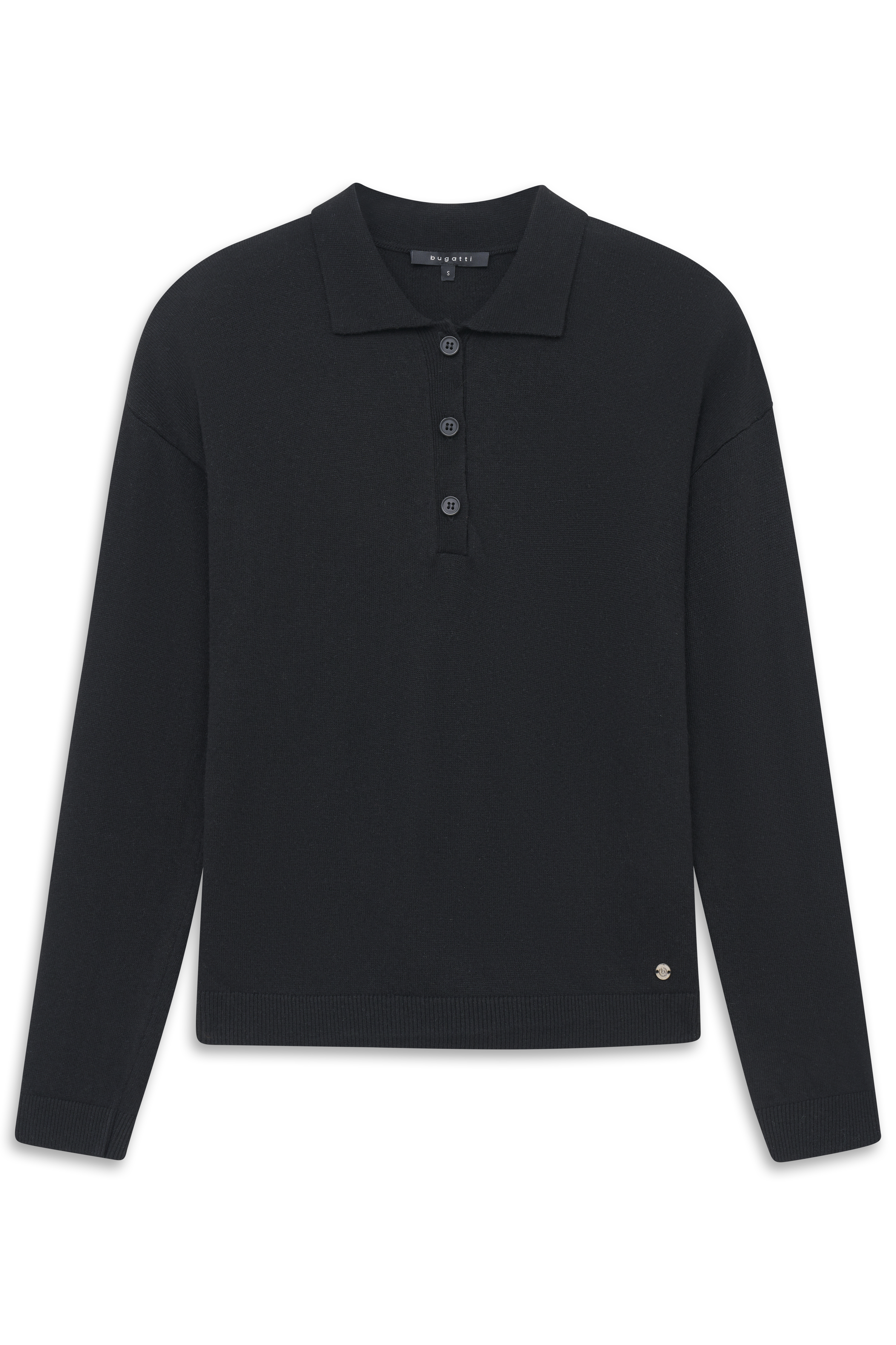 Schwarzer bugatti Pullover mit Knopfleiste, legeres Büstenbild.