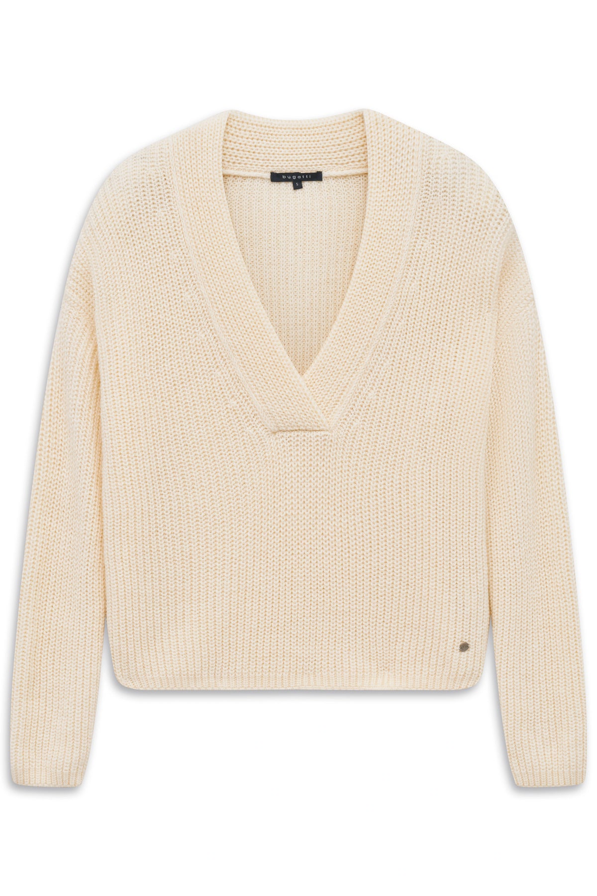 Beiger bugatti Strickpullover mit V-Ausschnitt, Büstenbild.