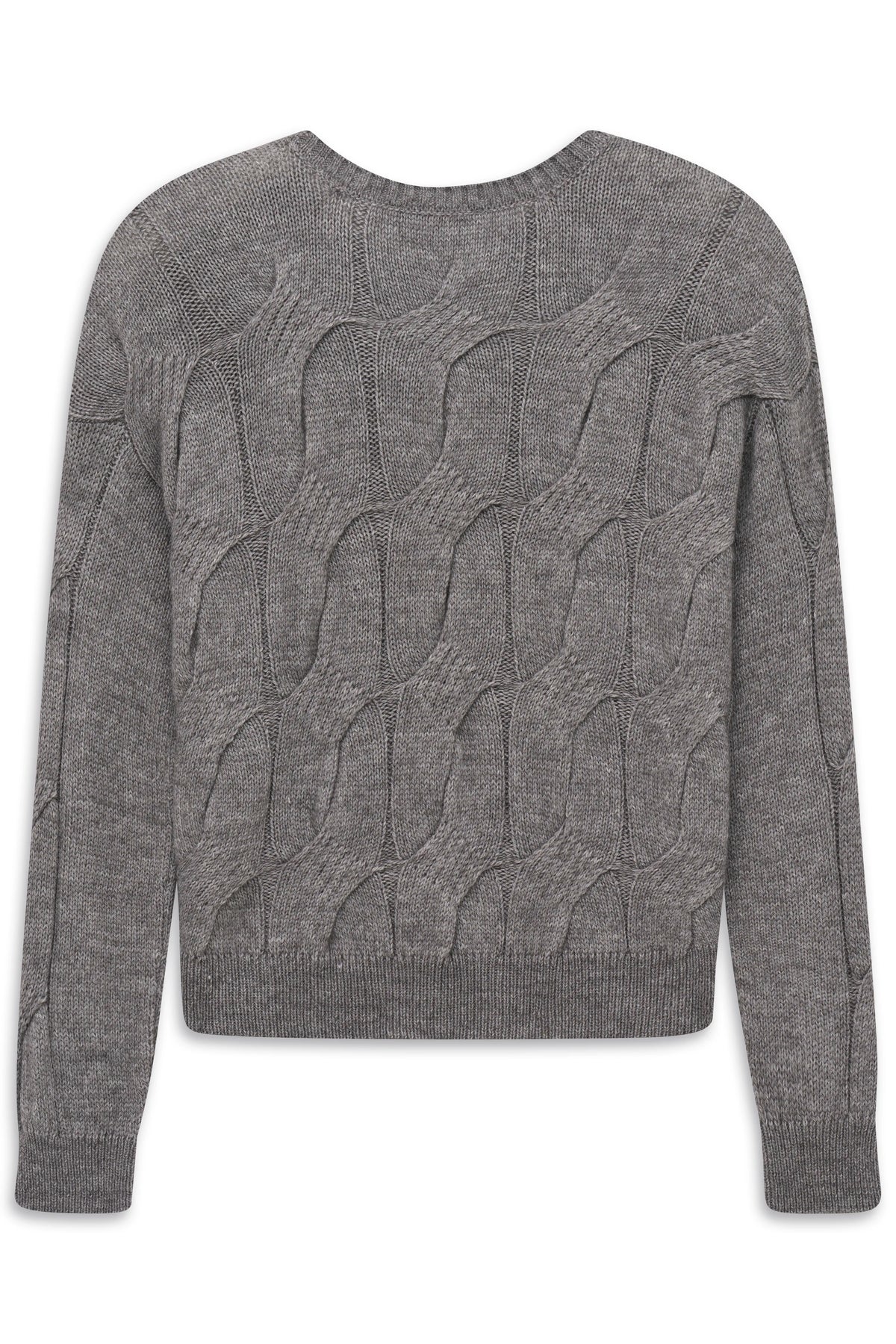 Grauer Strickpullover mit Zopfmuster, Rückansicht, legeres Büstenbild von bugatti.