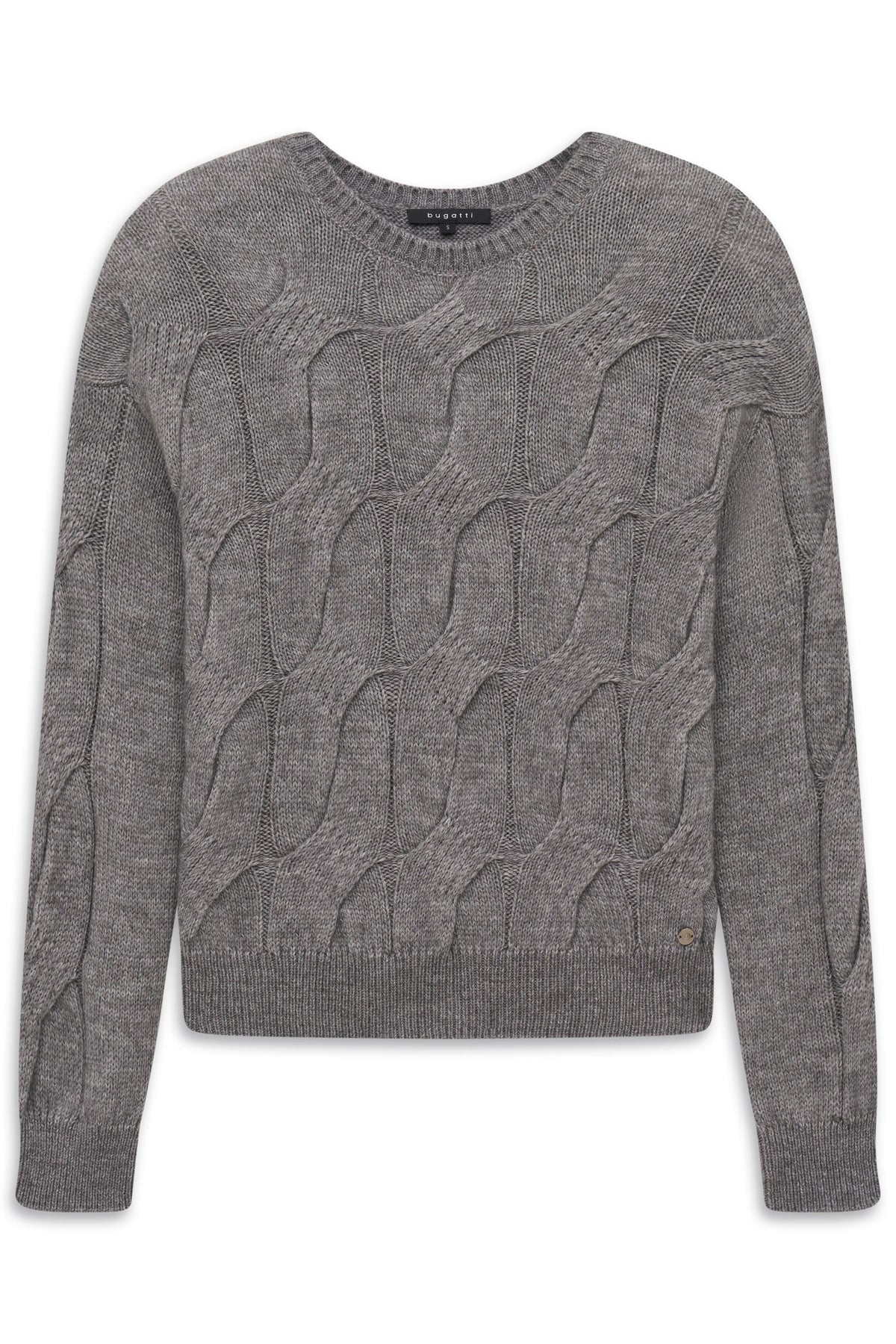Grauer Strickpullover von bugatti mit Wellenmuster, Büstenbild.