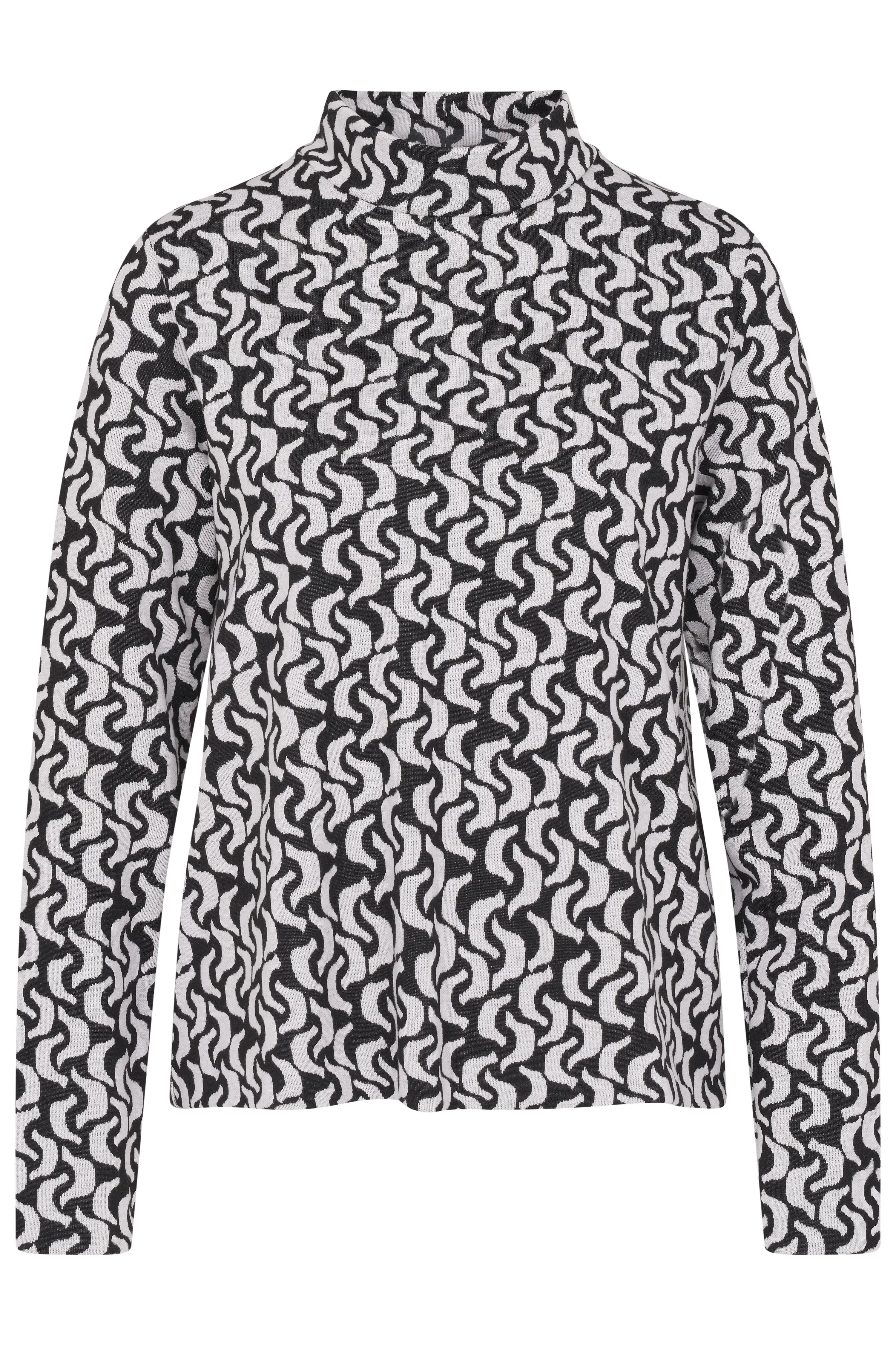 Schwarz-weißer bugatti Pullover mit abstraktem Muster, Büstenbild.