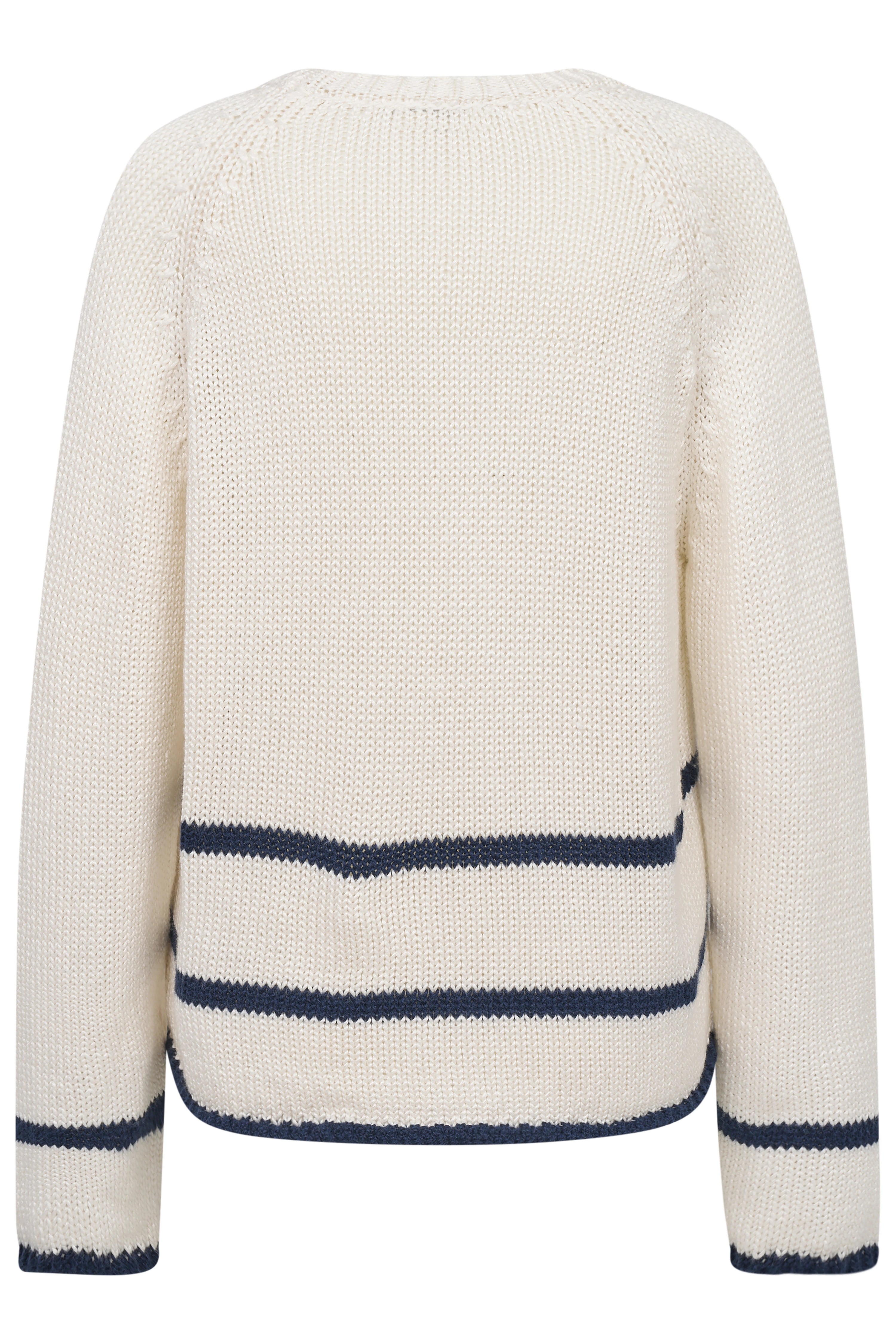 Weißer Strickpullover mit dunkelblauen Streifen, Rückenansicht, leger, bugatti Stil.