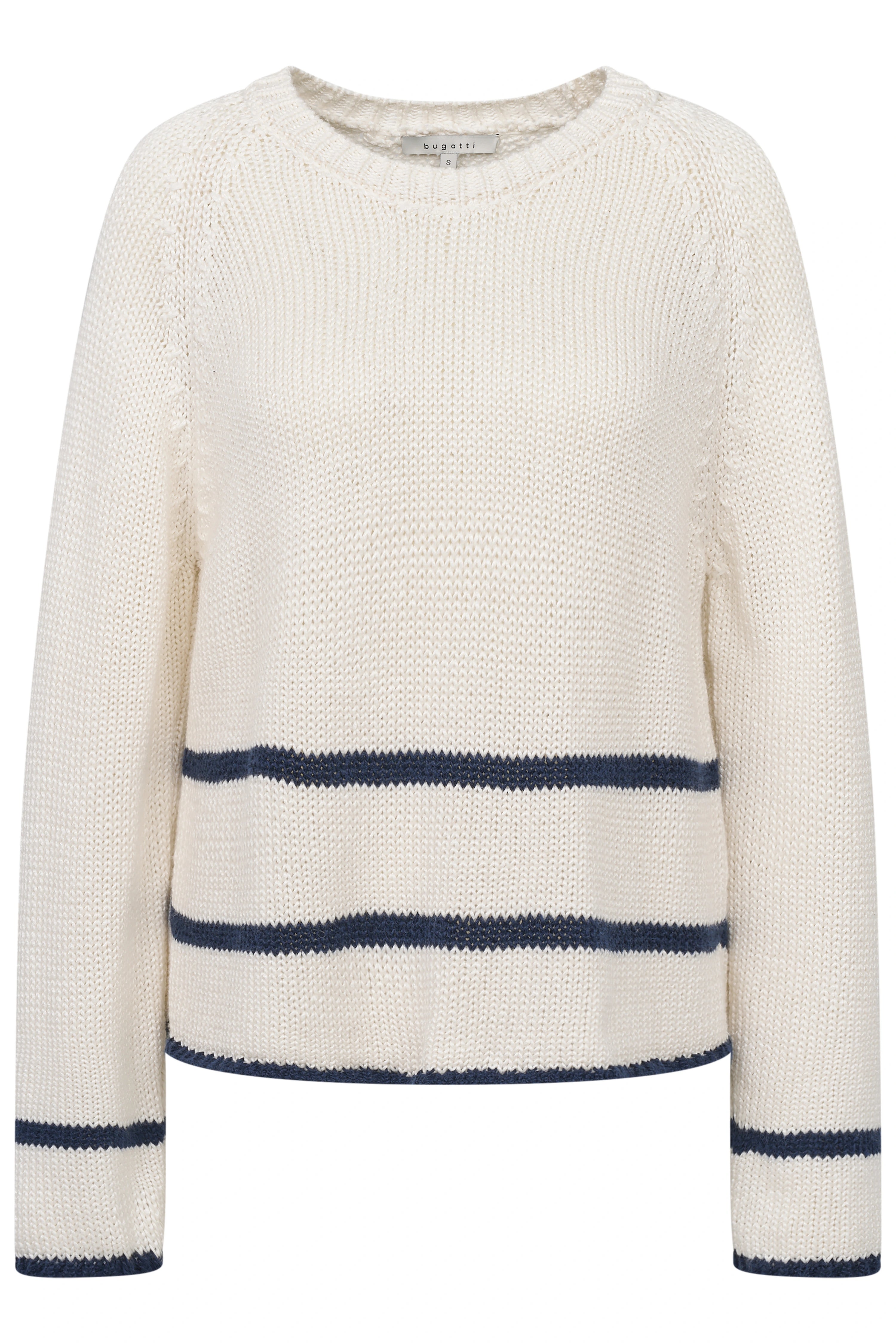Strickpullover von bugatti in Creme mit blauen Streifen, Büstenbild.