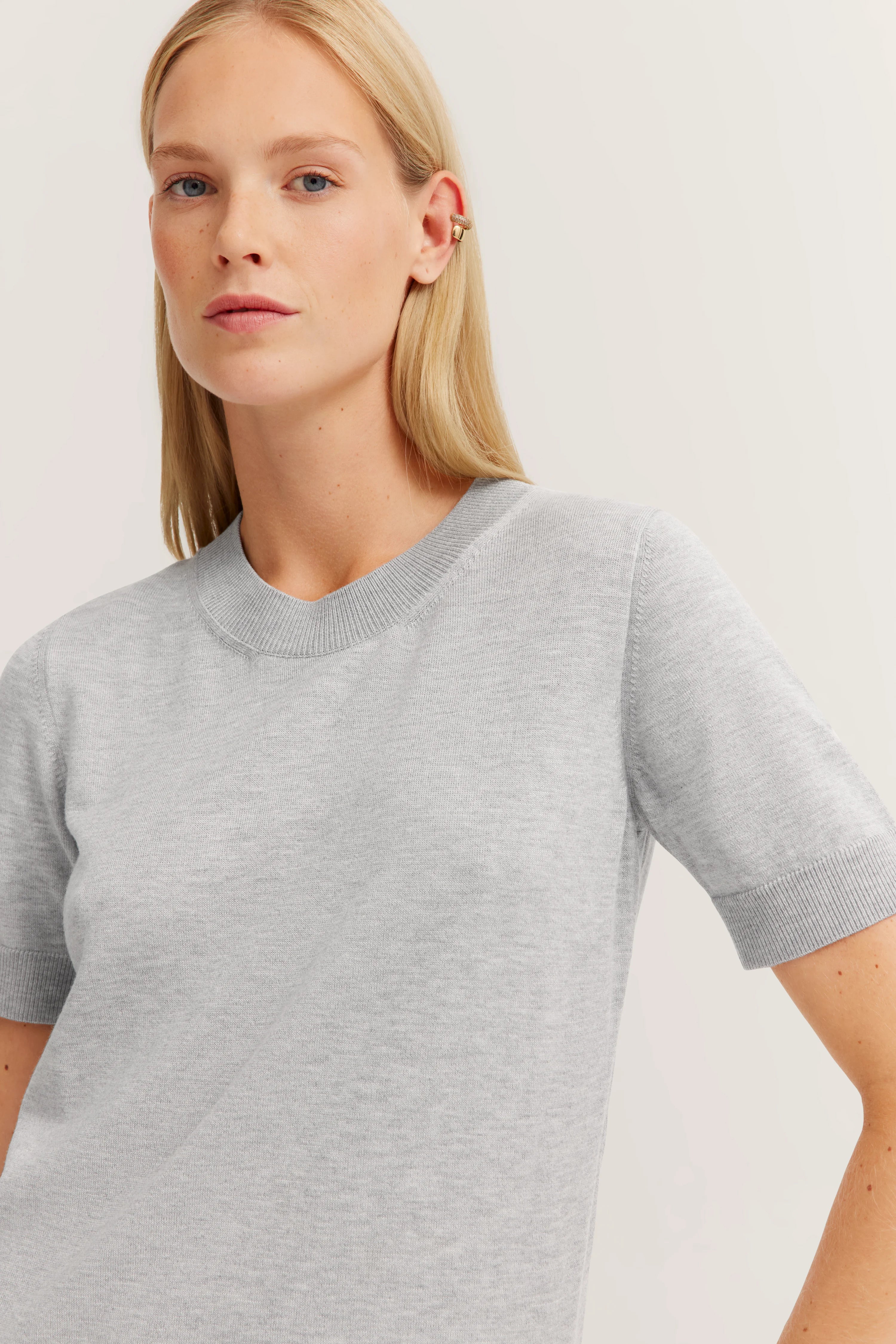 Gray bugatti knit dress, short-sleeved, back view, bust-free.