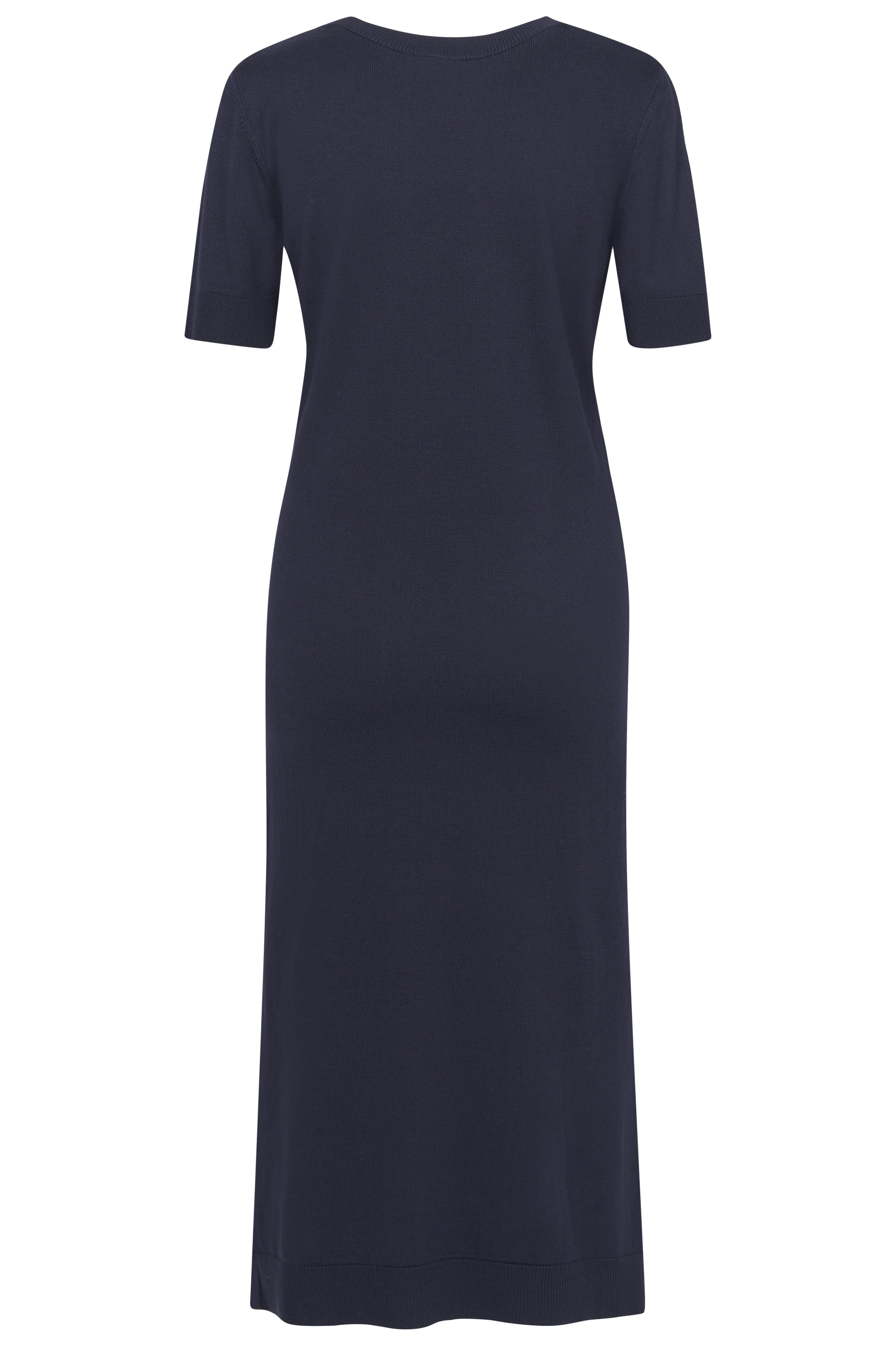 Elegant dark blue bugatti dress with short sleeves, bust view.