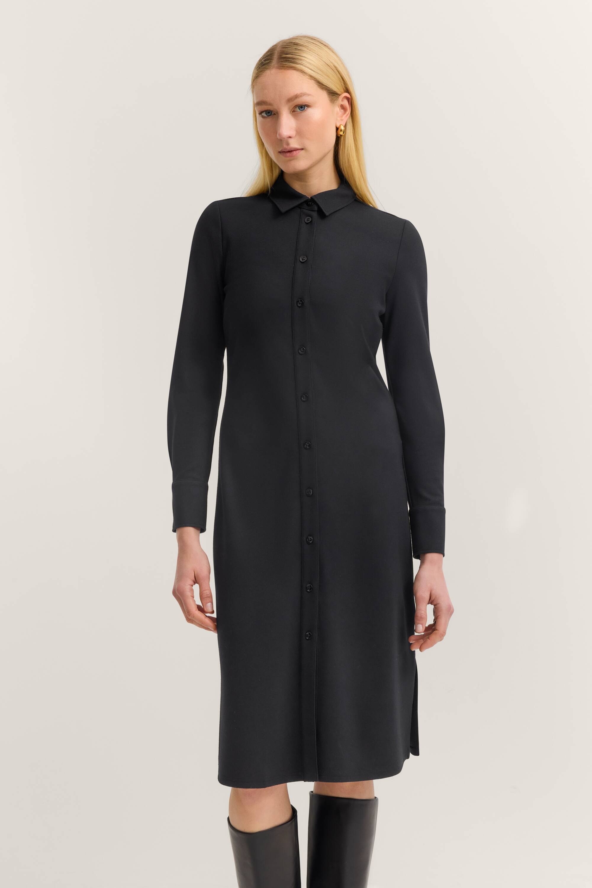 Blusenkleid Jersey mit Hemdkragen und elastischem Komfort in schwarz