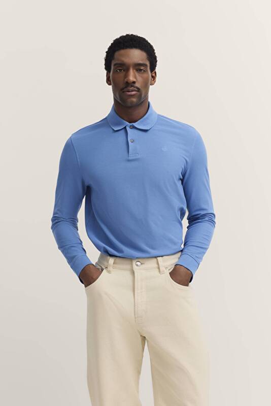 Polo mit langen Ärmeln in blaugrau - Ansicht: Model Front